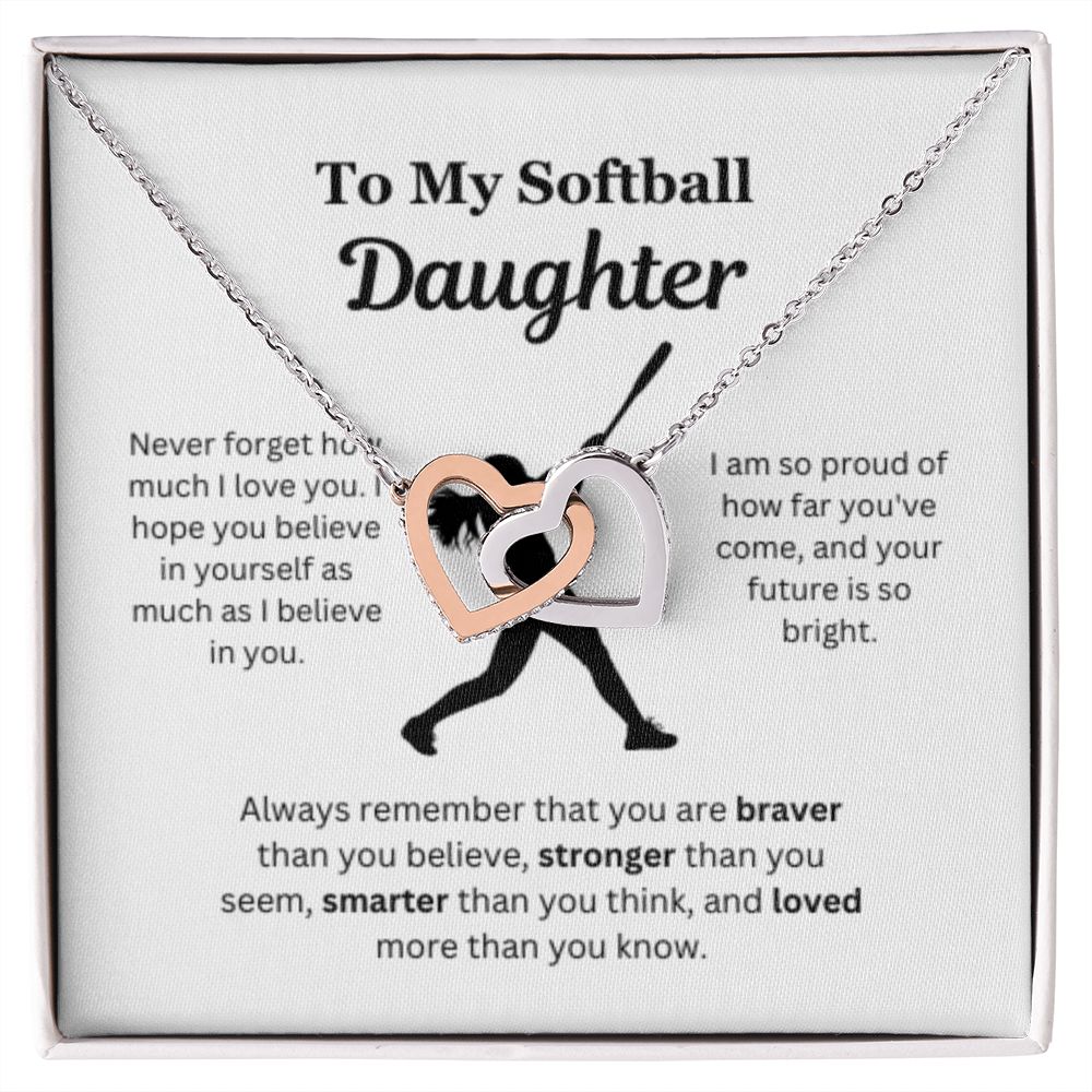 EllePendants To My Softball Daughter Necklace, Father Daughter Necklace, Mother Daughter Necklace, Daughter Birthday, Heart Jewelry, Gold Jewelry, Interlocking Hearts, Message Card Necklace