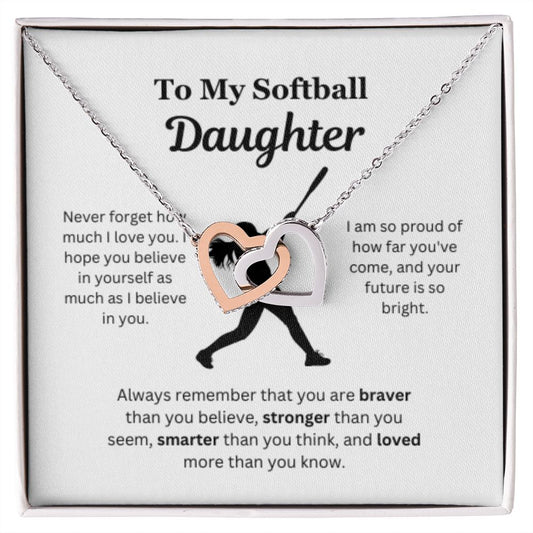 EllePendants To My Softball Daughter Necklace, Father Daughter Necklace, Mother Daughter Necklace, Daughter Birthday, Heart Jewelry, Gold Jewelry, Interlocking Hearts, Message Card Necklace