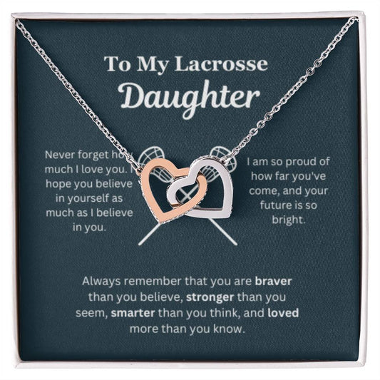 EllePendants To My Lacrosse Daughter Necklace, Father Daughter Necklace, Mother Daughter Necklace, Daughter Birthday, Heart Jewelry, Gold Jewelry, Interlocking Hearts, Message Card Necklace