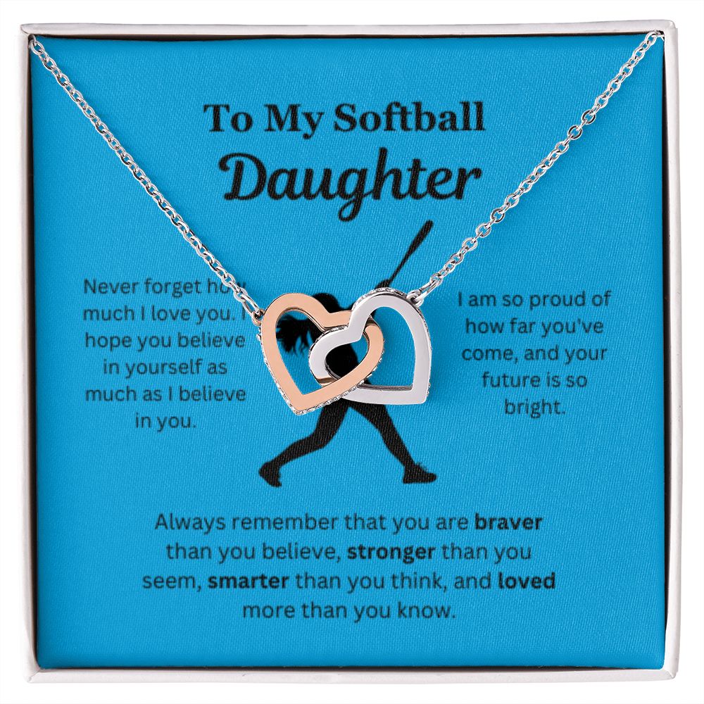EllePendants To My Softball Daughter Necklace, Father Daughter Necklace, Mother Daughter Necklace, Daughter Birthday, Heart Jewelry, Gold Jewelry, Interlocking Hearts, Message Card Necklace