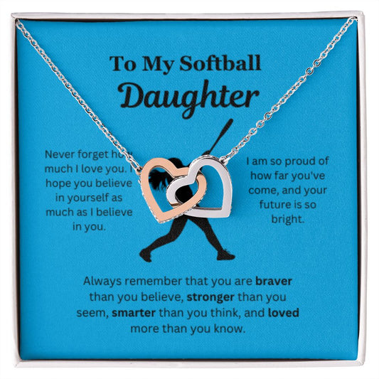 EllePendants To My Softball Daughter Necklace, Father Daughter Necklace, Mother Daughter Necklace, Daughter Birthday, Heart Jewelry, Gold Jewelry, Interlocking Hearts, Message Card Necklace