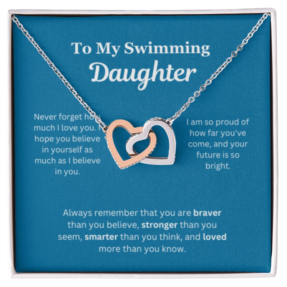 EllePendants To My Swimming Daughter Necklace, Father Daughter Necklace, Mother Daughter Necklace, Daughter Birthday, Heart Jewelry, Gold Jewelry, Interlocking Hearts, Message Card Necklace