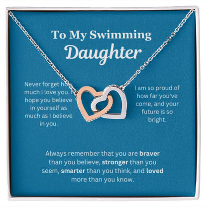 EllePendants To My Swimming Daughter Necklace, Father Daughter Necklace, Mother Daughter Necklace, Daughter Birthday, Heart Jewelry, Gold Jewelry, Interlocking Hearts, Message Card Necklace
