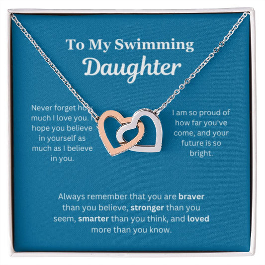 EllePendants To My Swimming Daughter Necklace, Father Daughter Necklace, Mother Daughter Necklace, Daughter Birthday, Heart Jewelry, Gold Jewelry, Interlocking Hearts, Message Card Necklace