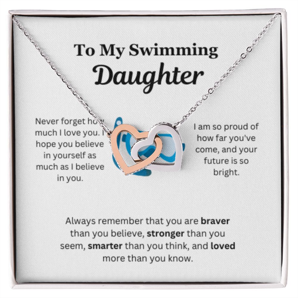 EllePendants To My Swimming Daughter Necklace, Father Daughter Necklace, Mother Daughter Necklace, Daughter Birthday, Heart Jewelry, Gold Jewelry, Interlocking Hearts, Message Card Necklace