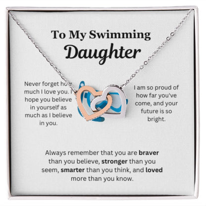 EllePendants To My Swimming Daughter Necklace, Father Daughter Necklace, Mother Daughter Necklace, Daughter Birthday, Heart Jewelry, Gold Jewelry, Interlocking Hearts, Message Card Necklace