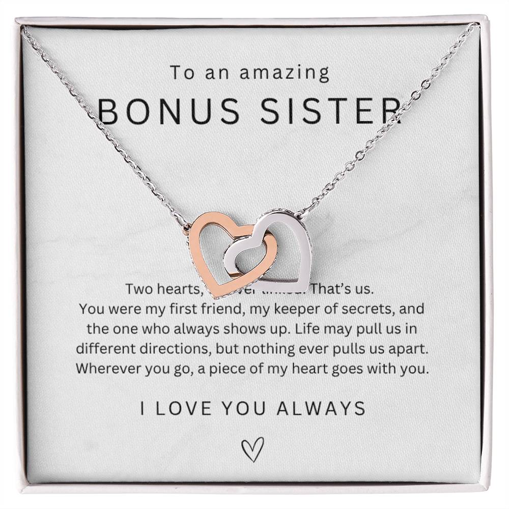 To My Bonus Sister Interlocking Hearts Necklace, Step Sister Gift, Big Little Sister Birthday Christmas Gift, Gift for Sister