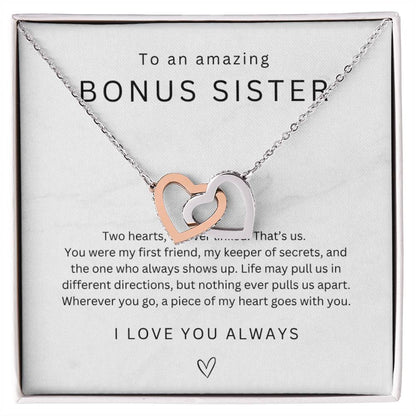 To My Bonus Sister Interlocking Hearts Necklace, Step Sister Gift, Big Little Sister Birthday Christmas Gift, Gift for Sister