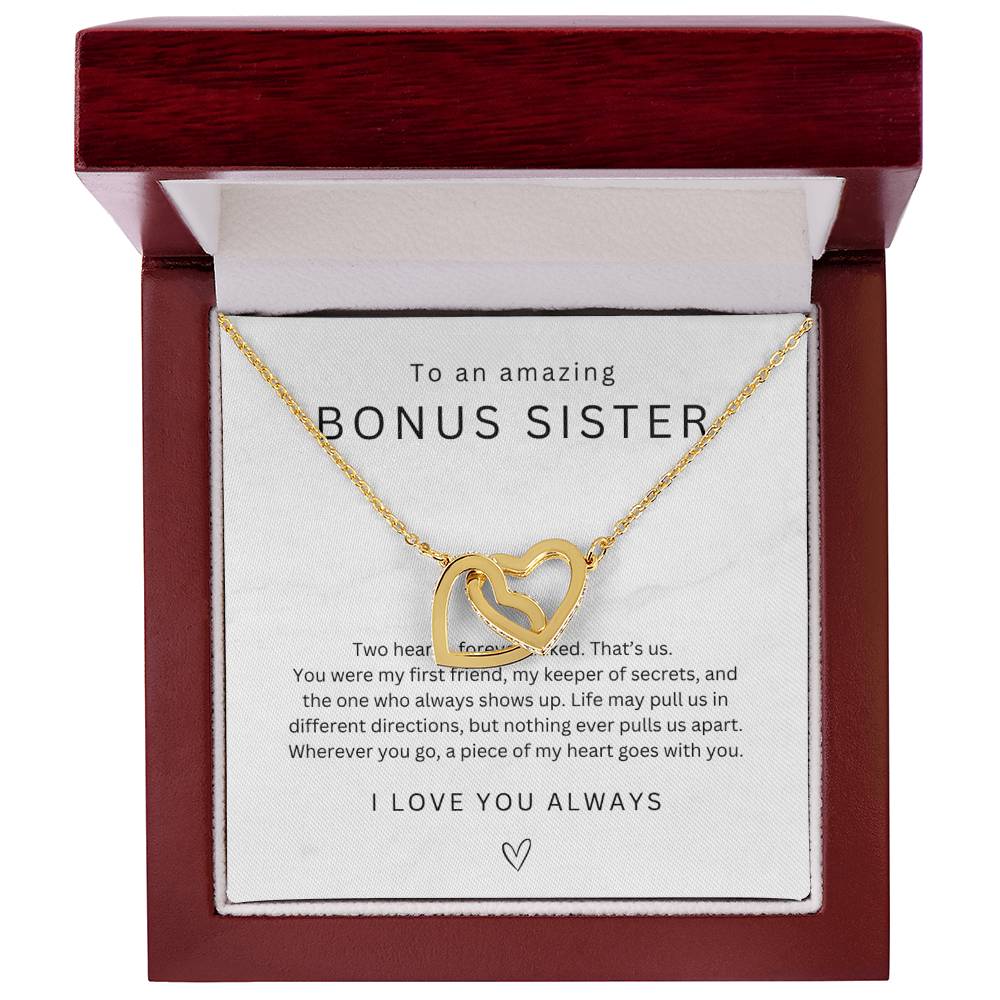 To My Bonus Sister Interlocking Hearts Necklace, Step Sister Gift, Big Little Sister Birthday Christmas Gift, Gift for Sister