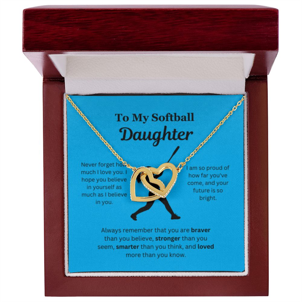 EllePendants To My Softball Daughter Necklace, Father Daughter Necklace, Mother Daughter Necklace, Daughter Birthday, Heart Jewelry, Gold Jewelry, Interlocking Hearts, Message Card Necklace