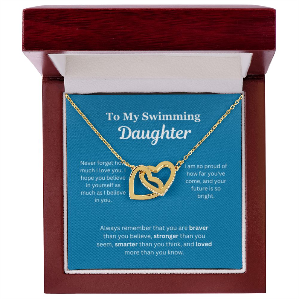 EllePendants To My Swimming Daughter Necklace, Father Daughter Necklace, Mother Daughter Necklace, Daughter Birthday, Heart Jewelry, Gold Jewelry, Interlocking Hearts, Message Card Necklace