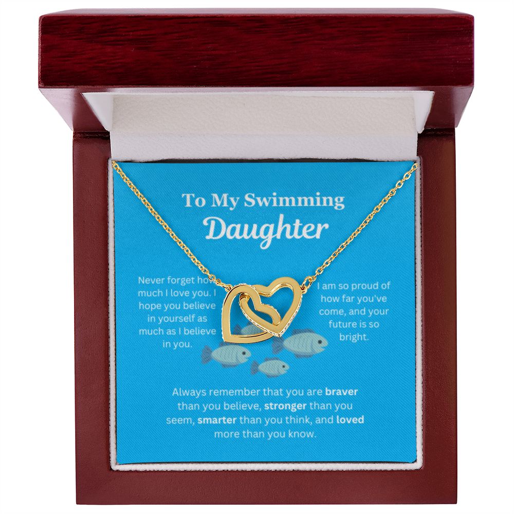 EllePendants To My Swimming Daughter Necklace, Father Daughter Necklace, Mother Daughter Necklace, Daughter Birthday, Heart Jewelry, Gold Jewelry, Interlocking Hearts, Message Card Necklace