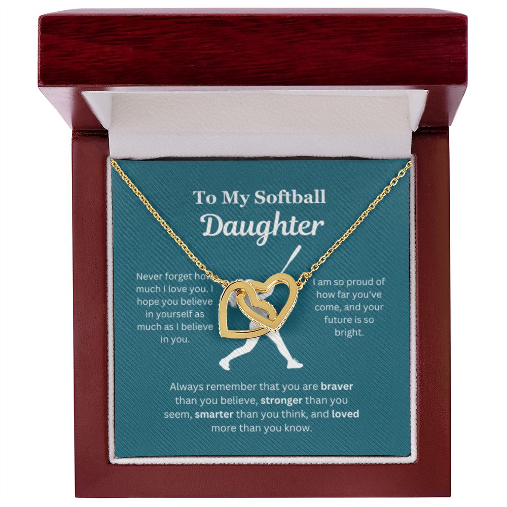 EllePendants To My Softball Daughter Necklace, Father Daughter Necklace, Mother Daughter Necklace, Daughter Birthday, Heart Jewelry, Gold Jewelry, Interlocking Hearts, Message Card Necklace