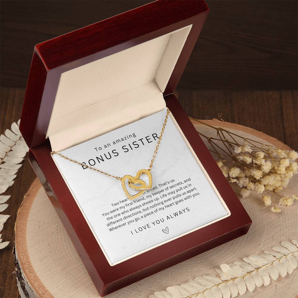 To My Bonus Sister Interlocking Hearts Necklace, Step Sister Gift, Big Little Sister Birthday Christmas Gift, Gift for Sister