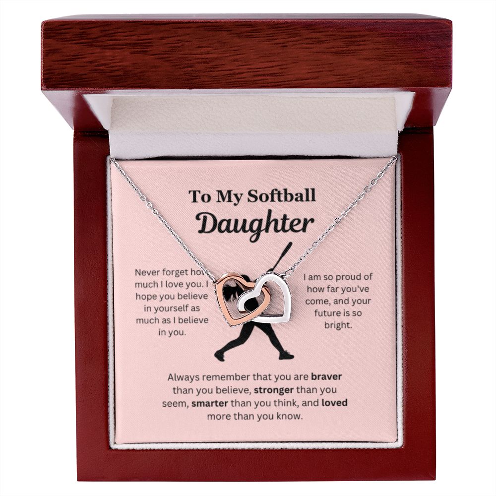 EllePendants To My Softball Daughter Necklace, Father Daughter Necklace, Mother Daughter Necklace, Daughter Birthday, Heart Jewelry, Gold Jewelry, Interlocking Hearts, Message Card Necklace
