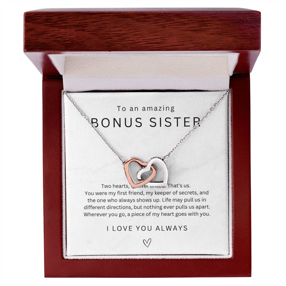 To My Bonus Sister Interlocking Hearts Necklace, Step Sister Gift, Big Little Sister Birthday Christmas Gift, Gift for Sister