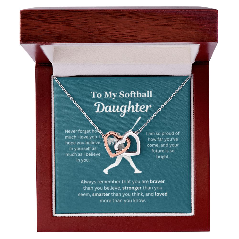 EllePendants To My Softball Daughter Necklace, Father Daughter Necklace, Mother Daughter Necklace, Daughter Birthday, Heart Jewelry, Gold Jewelry, Interlocking Hearts, Message Card Necklace
