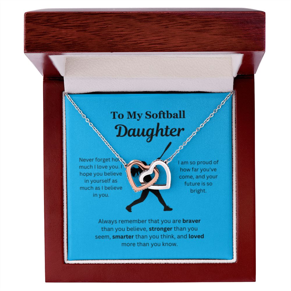EllePendants To My Softball Daughter Necklace, Father Daughter Necklace, Mother Daughter Necklace, Daughter Birthday, Heart Jewelry, Gold Jewelry, Interlocking Hearts, Message Card Necklace