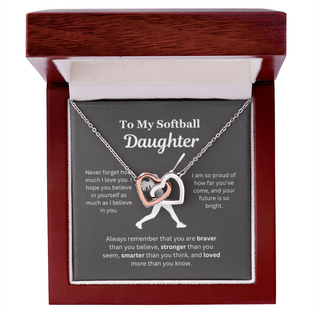 EllePendants To My Softball Daughter Necklace, Father Daughter Necklace, Mother Daughter Necklace, Daughter Birthday, Heart Jewelry, Gold Jewelry, Interlocking Hearts, Message Card Necklace