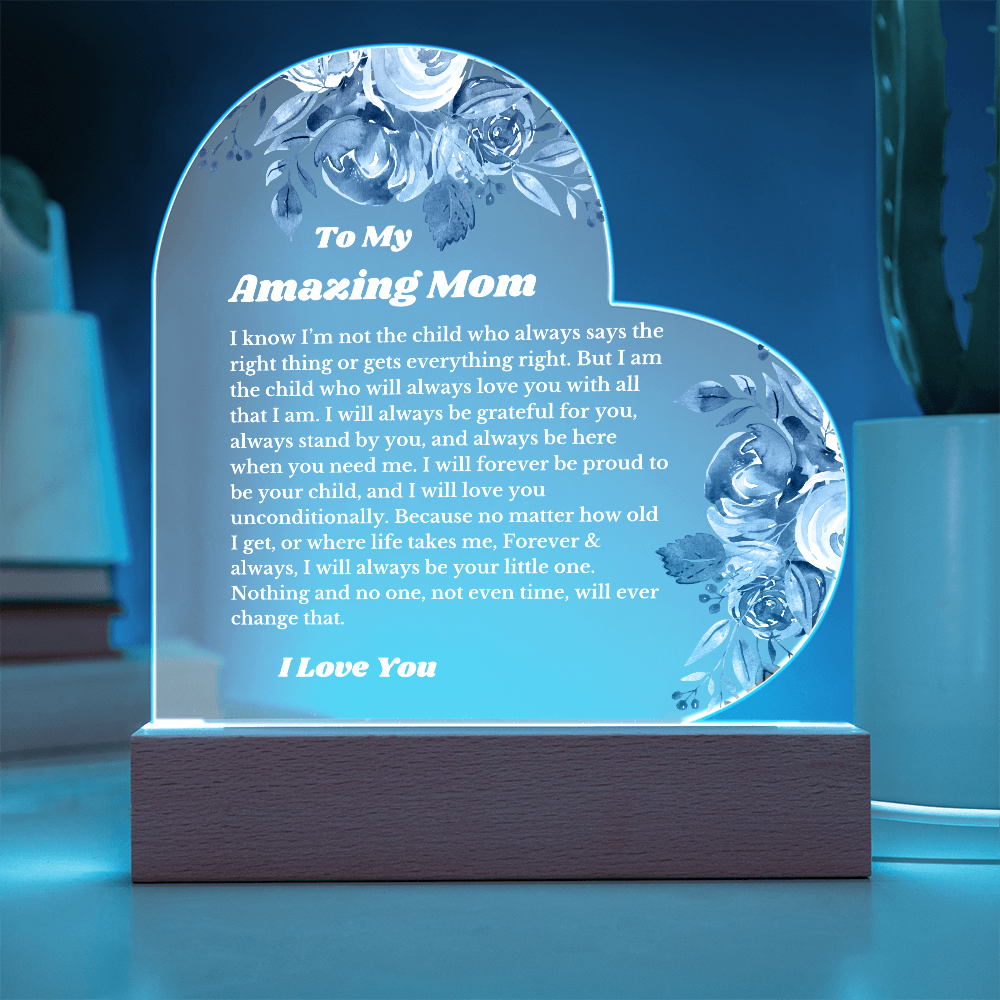To My Amazing Mom From Daughter Son, Luxury Plaque Gift Heart Acrylic Light Up Led , for Her Birthday, Valentines, Christmas Gift, Printed Message Gift