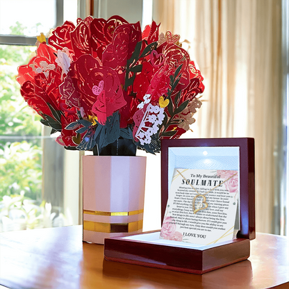 Love  Message Necklace and Sweet Paper Flower Bouquet Valentines Day Couple Gift Soulmate Girlfriend Wife