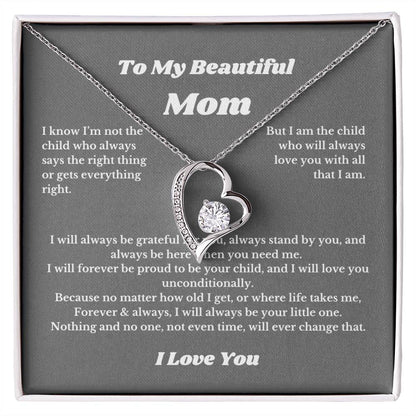 To My Beautiful Mom Heart Necklace Gift For Mothers Day, Valentines, Message Card
