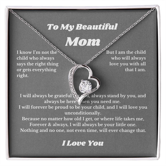 To My Beautiful Mom Heart Necklace Gift For Mothers Day, Valentines, Message Card