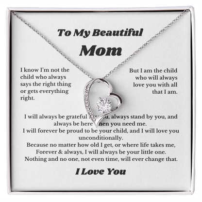 To My Beautiful Mom Heart Necklace Gift For Mothers Day, Valentines, Message Card