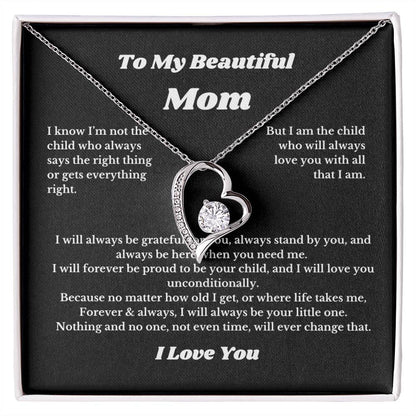 To My Beautiful Mom Heart Necklace Gift For Mothers Day, Valentines, Message Card