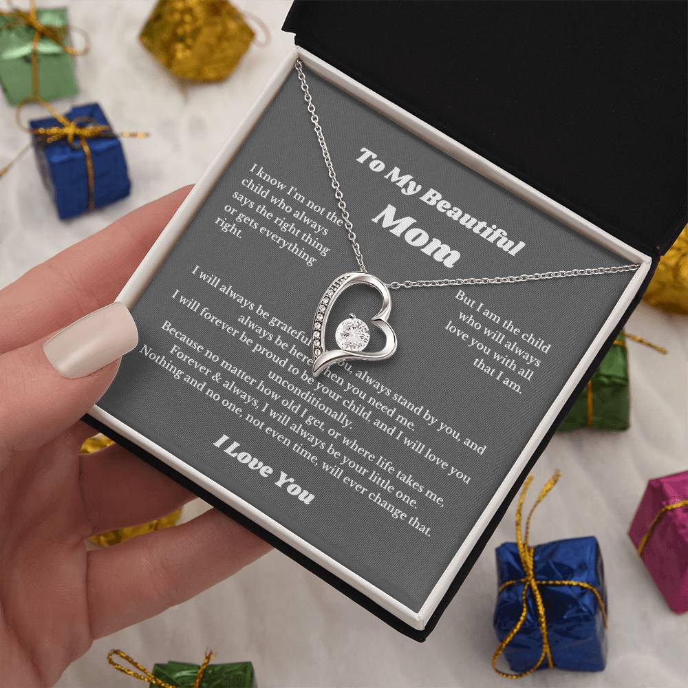 To My Beautiful Mom Heart Necklace Gift For Mothers Day, Valentines, Message Card