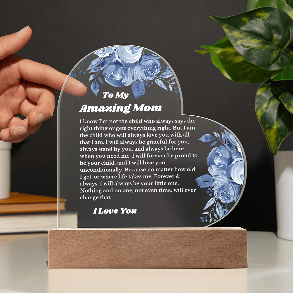 To My Amazing Mom From Daughter Son, Luxury Plaque Gift Heart Acrylic Light Up Led , for Her Birthday, Valentines, Christmas Gift, Printed Message Gift