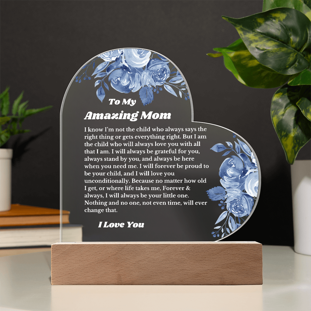 To My Amazing Mom From Daughter Son, Luxury Plaque Gift Heart Acrylic Light Up Led , for Her Birthday, Valentines, Christmas Gift, Printed Message Gift