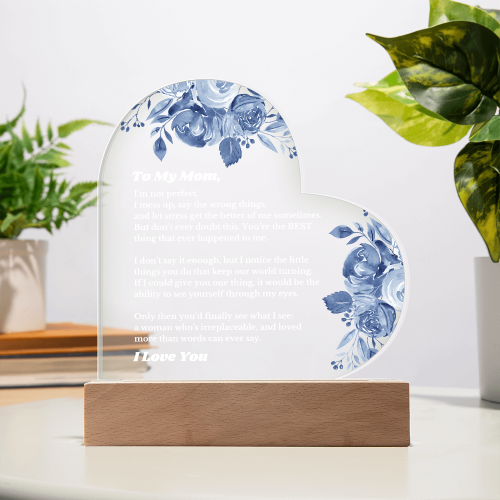 To My Mom From Daughter Son, Luxury Plaque Gift Heart Acrylic Light Up Led , for Her Birthday, Valentines, Christmas Gift, Printed Message Gift