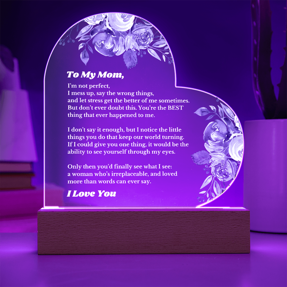 To My Mom From Daughter Son, Luxury Plaque Gift Heart Acrylic Light Up Led , for Her Birthday, Valentines, Christmas Gift, Printed Message Gift