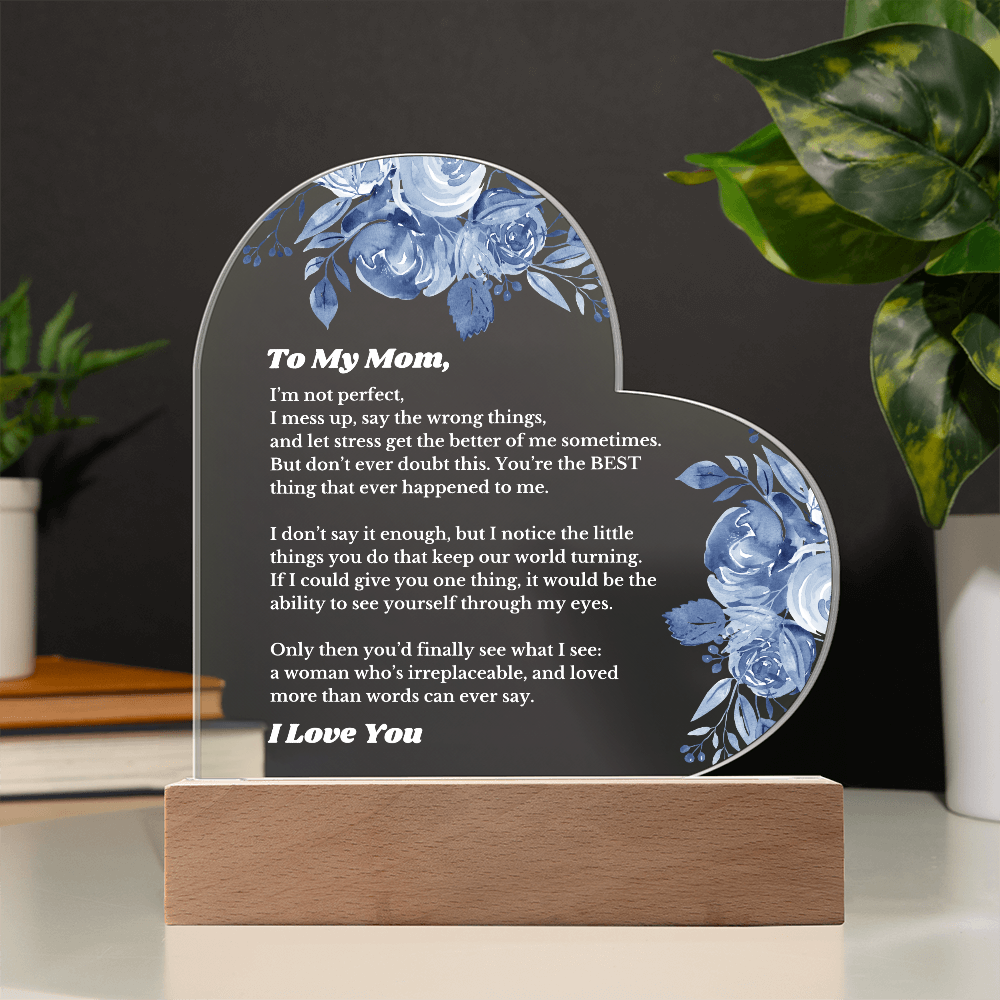 To My Mom From Daughter Son, Luxury Plaque Gift Heart Acrylic Light Up Led , for Her Birthday, Valentines, Christmas Gift, Printed Message Gift