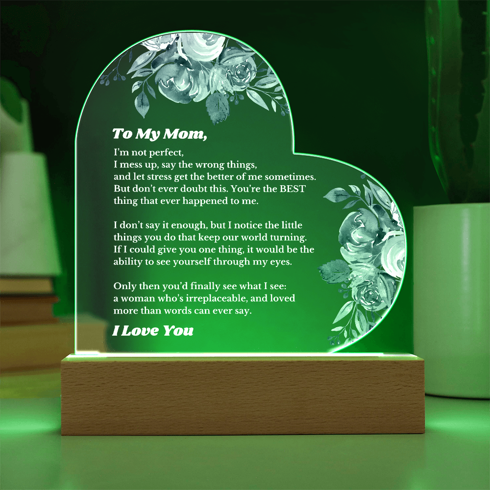 To My Mom From Daughter Son, Luxury Plaque Gift Heart Acrylic Light Up Led , for Her Birthday, Valentines, Christmas Gift, Printed Message Gift