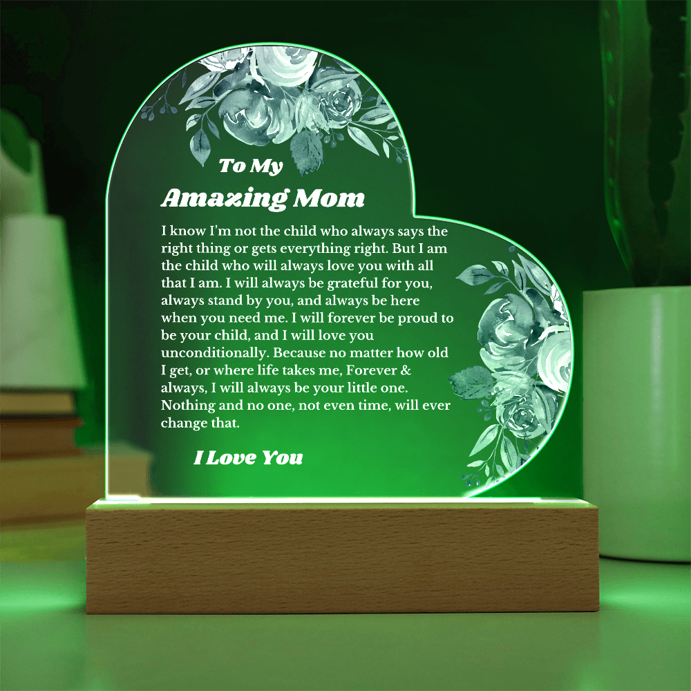 To My Amazing Mom From Daughter Son, Luxury Plaque Gift Heart Acrylic Light Up Led , for Her Birthday, Valentines, Christmas Gift, Printed Message Gift