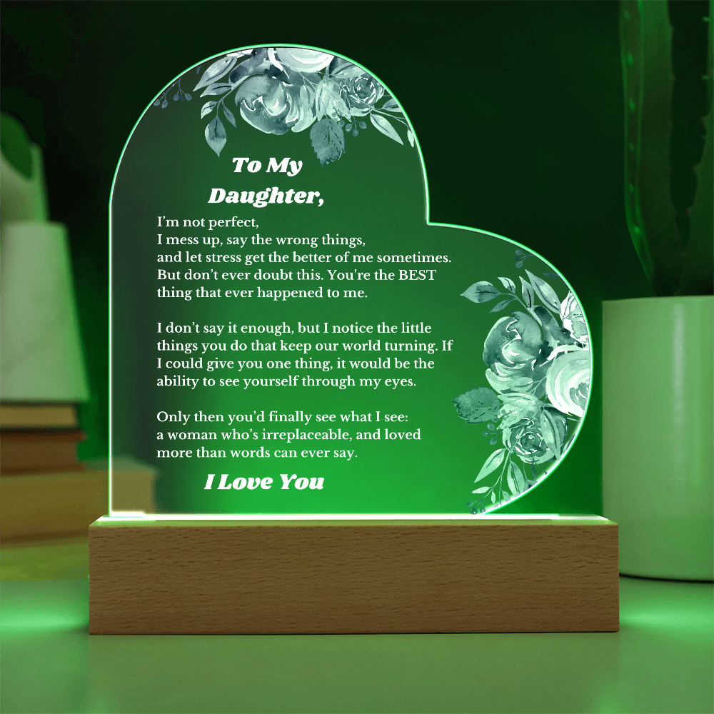 To My Daughter From Mom Dad, Luxury Plaque Gift Heart Acrylic Light Up Led , for Her Birthday, Valentines, Christmas Gift for Her, Printed Message Gift