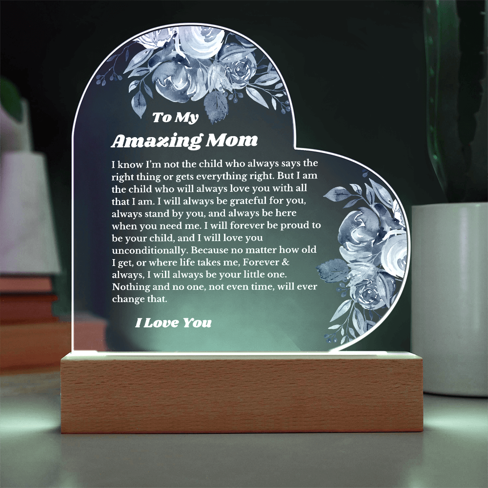 To My Amazing Mom From Daughter Son, Luxury Plaque Gift Heart Acrylic Light Up Led , for Her Birthday, Valentines, Christmas Gift, Printed Message Gift