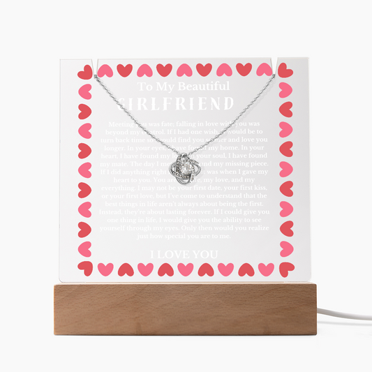 To My Beautiful Girlfriend Acrylic Plaque Knot Necklace, Wife Birthday Gift, Valentines Gift for Soulmate, Anniversary Gift for Her, Future Wife, Girlfriend