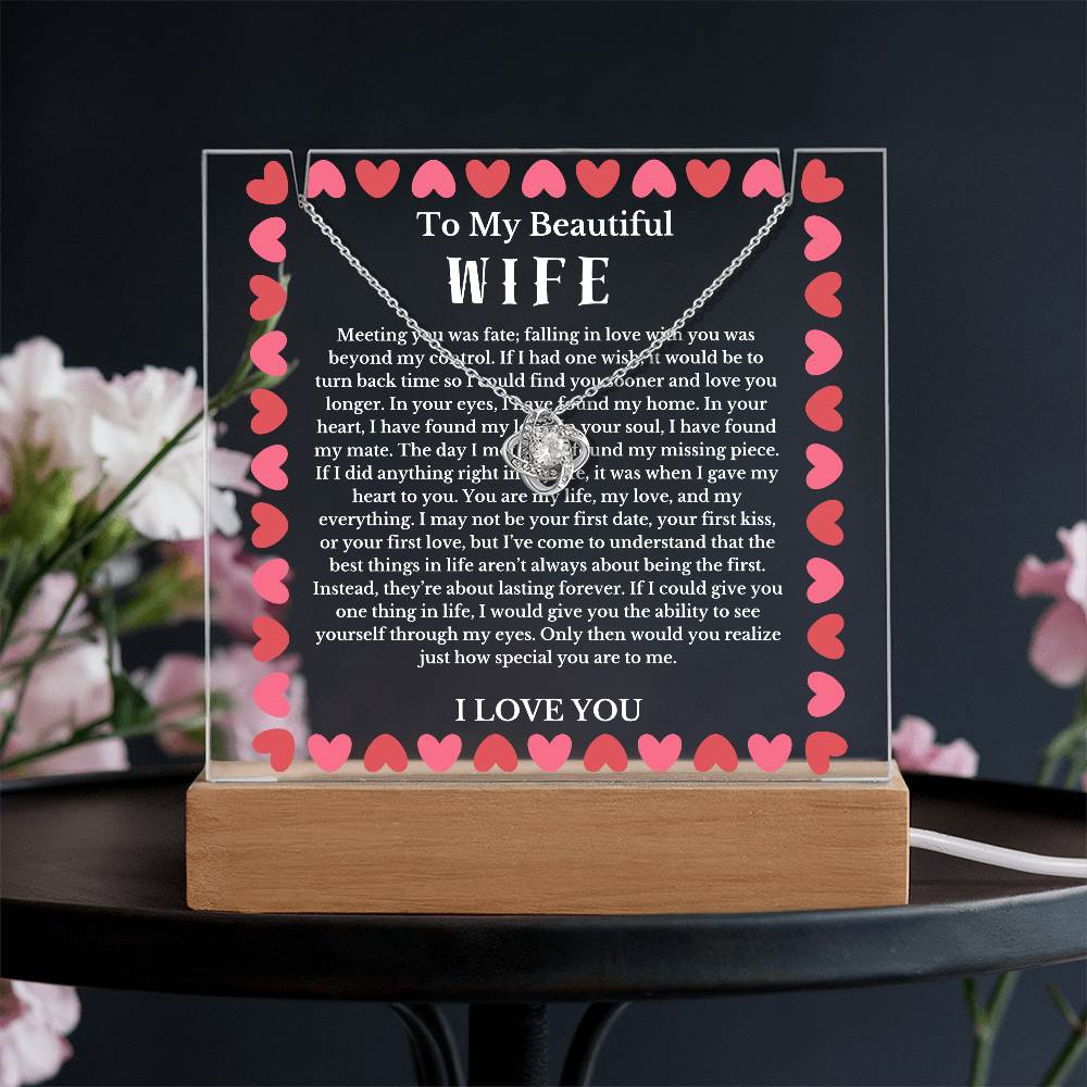 To My Beautiful Wife Acrylic Plaque Knot Necklace, Wife Birthday Gift, Valentines Gift for Soulmate, Anniversary Gift for Her, Future Wife, Girlfriend
