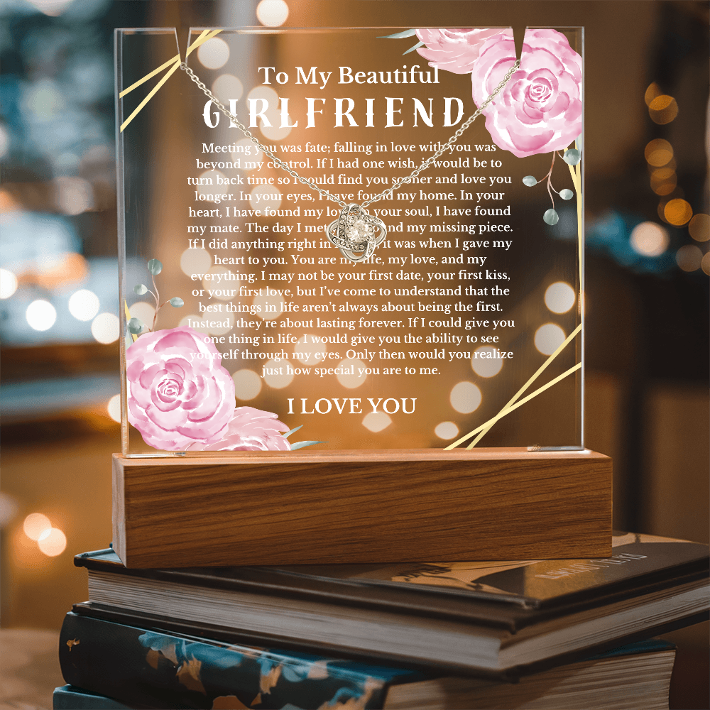 To My Beautiful Girlfriend Acrylic Plaque Knot Necklace, Wife Birthday Gift, Valentines Gift for Soulmate, Anniversary Gift for Her, Future Wife, Girlfriend