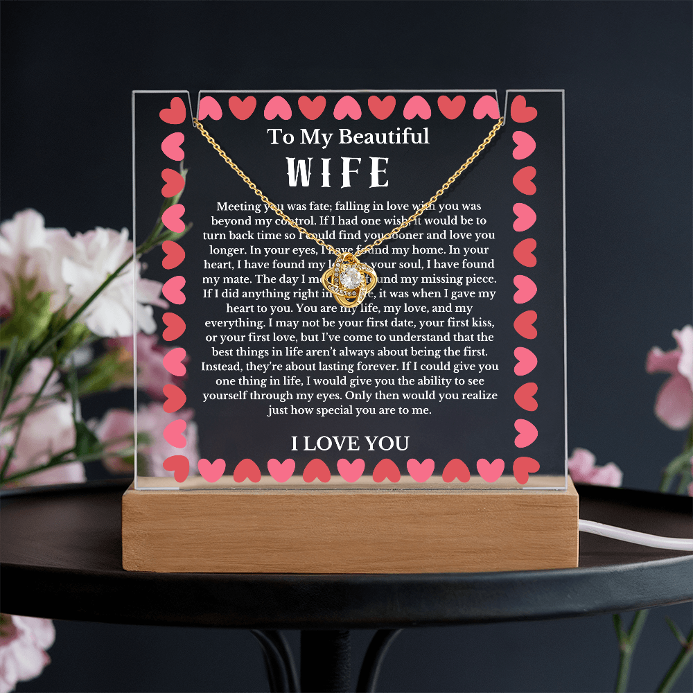 To My Beautiful Wife Acrylic Plaque Knot Necklace, Wife Birthday Gift, Valentines Gift for Soulmate, Anniversary Gift for Her, Future Wife, Girlfriend
