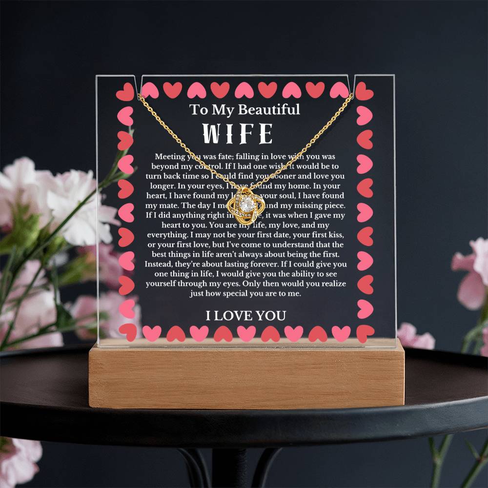To My Beautiful Wife Acrylic Plaque Knot Necklace, Wife Birthday Gift, Valentines Gift for Soulmate, Anniversary Gift for Her, Future Wife, Girlfriend