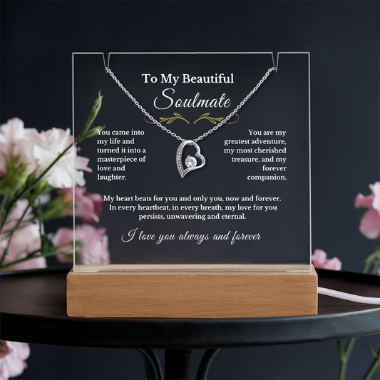 Romantic Gift for Wife, Soulmate Necklace and Acrylic Plaque, Cute Jewelry for Valentine's Day, Anniversary, Birthday, Thoughtful Gift for Her 01