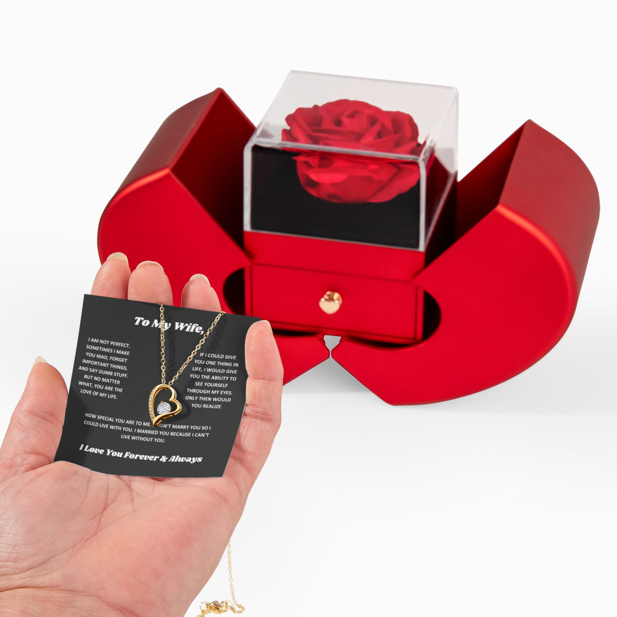 Preserved Real Red Rose Gift for Wife, Necklace for wife, Christmas appreciation gift, to my Love necklace with box, Heart Jewelry