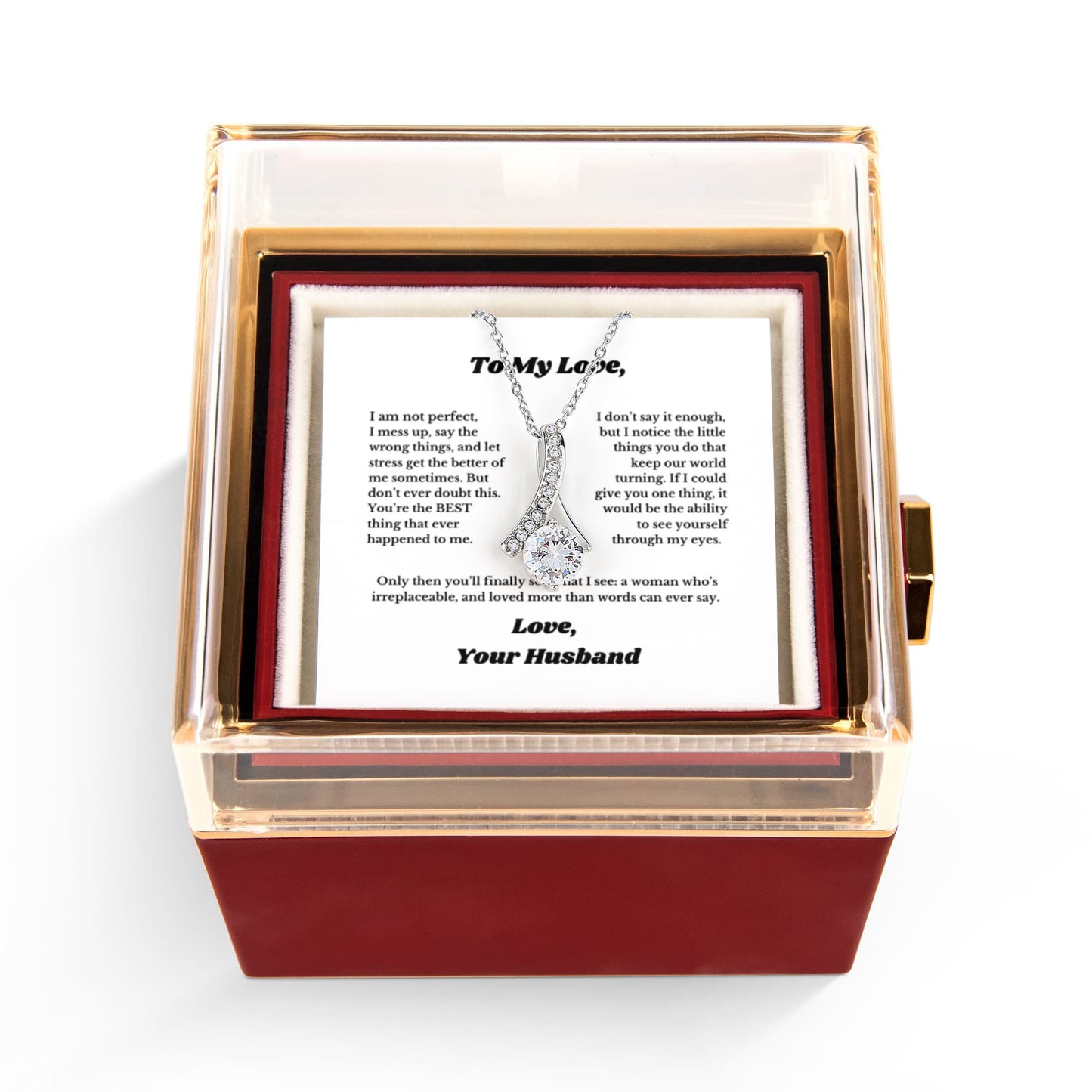 Luxury Rotating Rose Gift Box with Ribbon Necklace and Message, Gifts for Love, Necklace for Wife From Husband, Valentines Day, Surprise