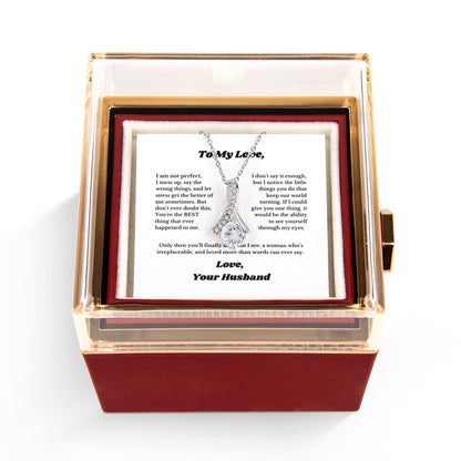 Luxury Rotating Rose Gift Box with Ribbon Necklace and Message, Gifts for Love, Necklace for Wife From Husband, Valentines Day, Surprise