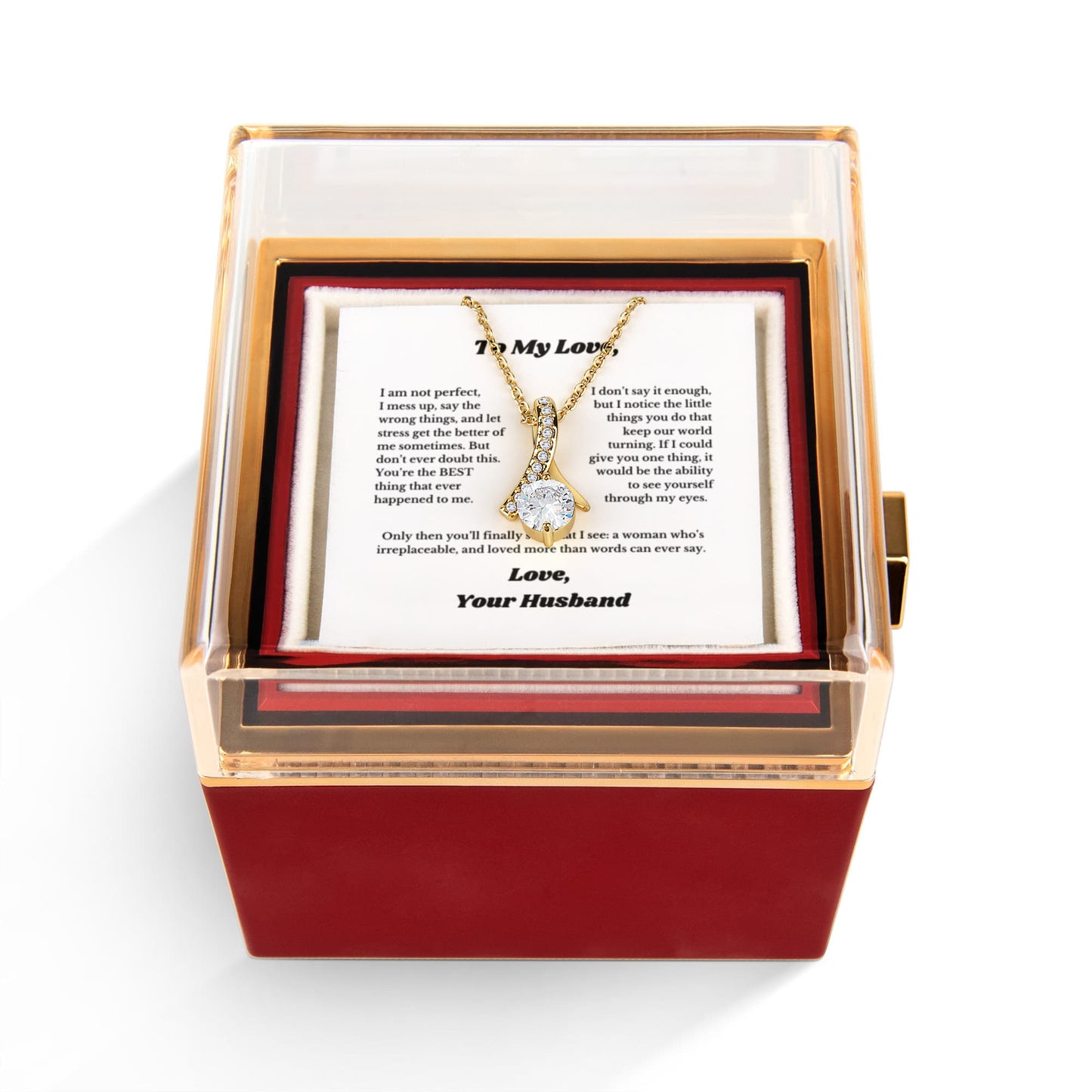 Luxury Rotating Rose Gift Box with Ribbon Necklace and Message, Gifts for Love, Necklace for Wife From Husband, Valentines Day, Surprise