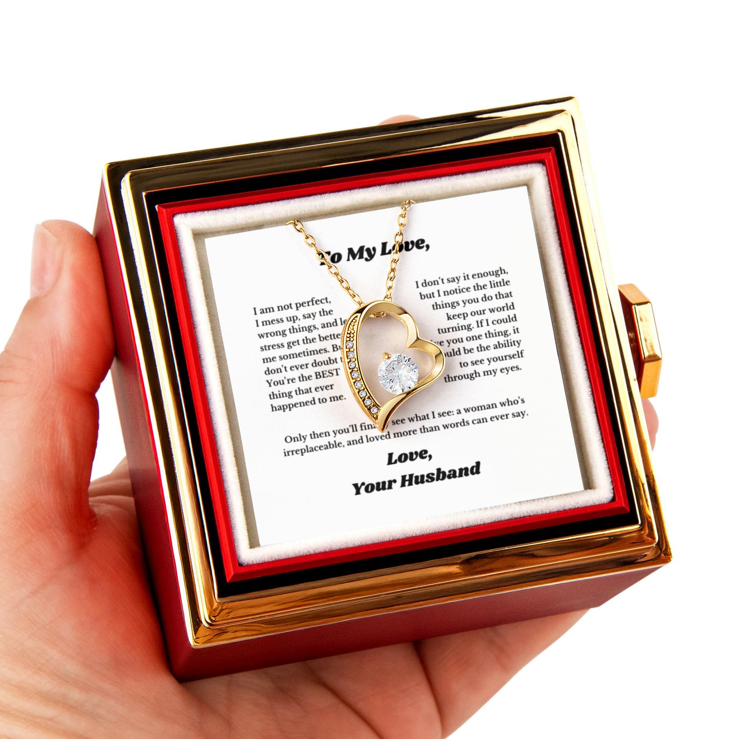 Luxury Rotating Rose Gift Box with Necklace and Message, Gifts for Love, Necklace for Wife From Husband, Valentines Day, Surprise